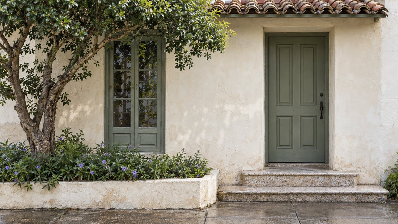 Cream stucco home with a sage door, glazed wood window, tiled eave, terrazzo steps, and a small leafy tree.
