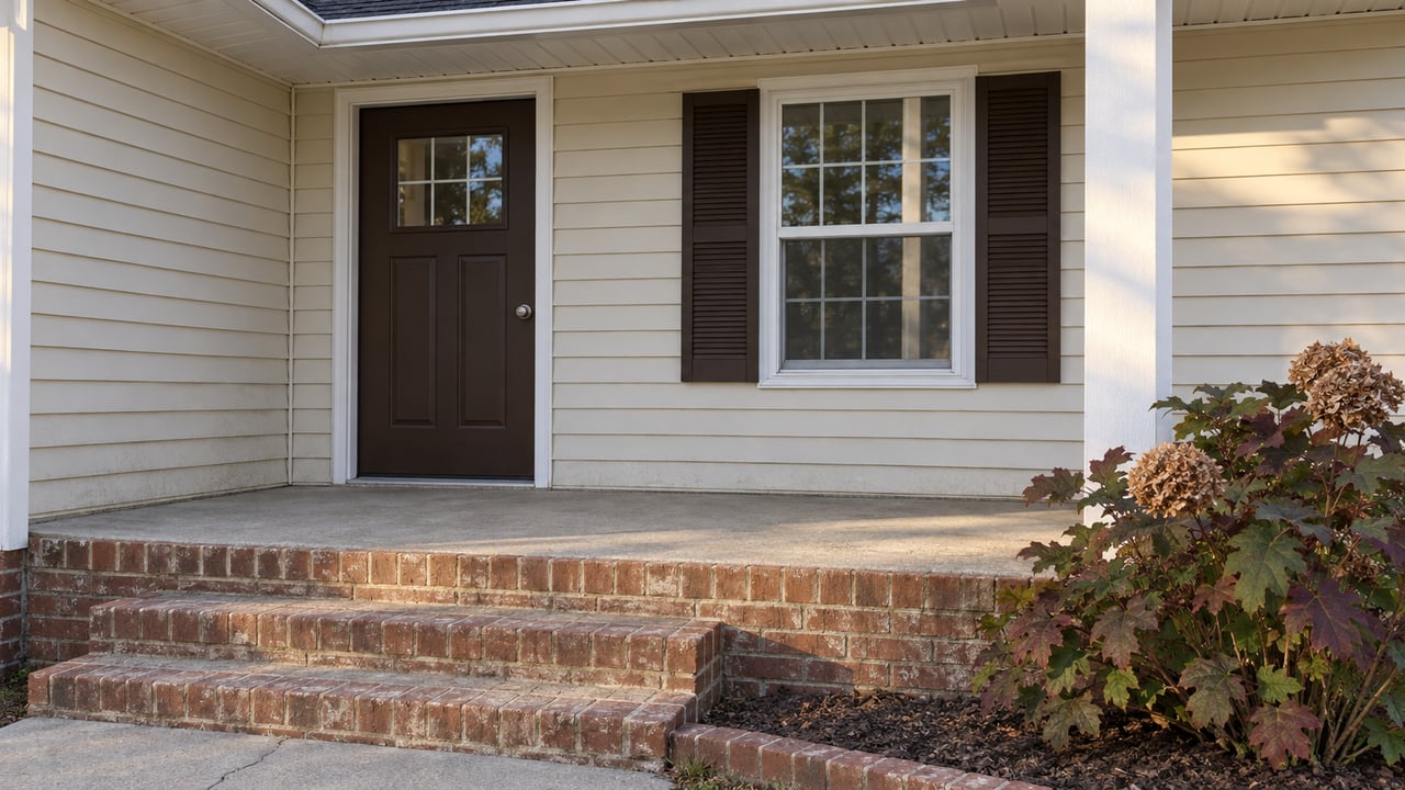 Cream-sided single-story home entry with a covered porch, worn brick steps, paired brown shutters and an oakleaf hydrangea.