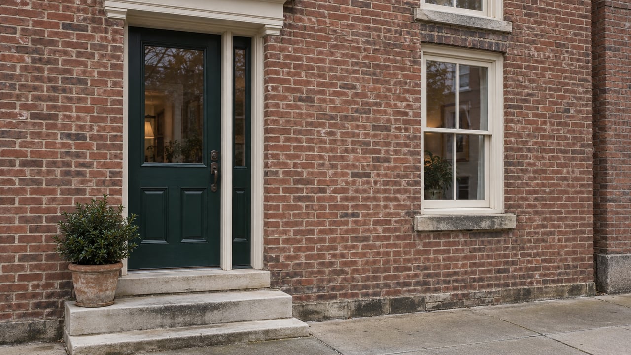 Attached red-brown brick house with a deep green glazed door, limestone steps, and a potted shrub.