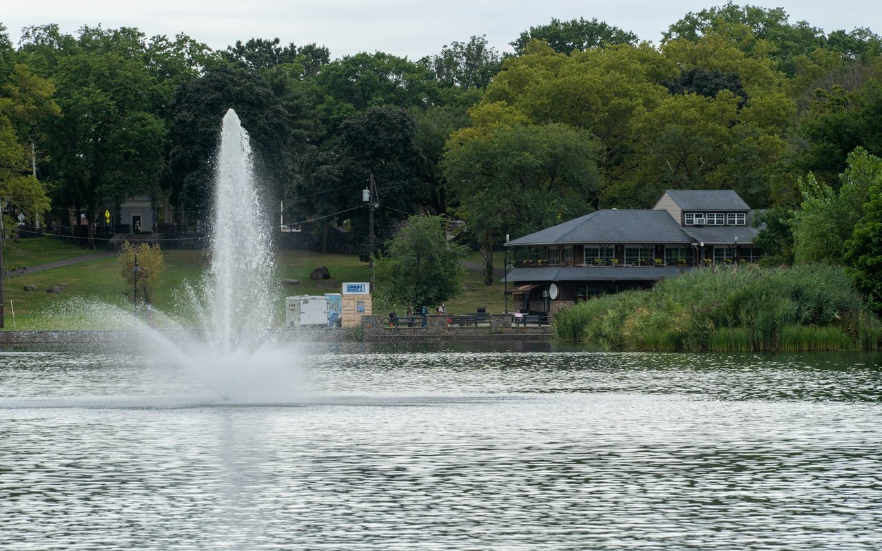 A fountain sprays across a pond beside a wooded park and pavilion.