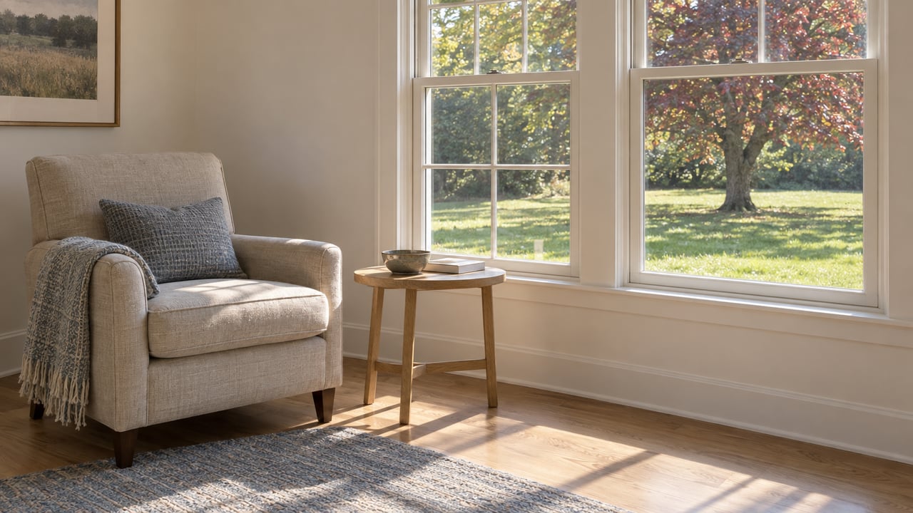 Oatmeal armchair and oak side table beside two windows overlooking a lawn and burgundy-turning tree.