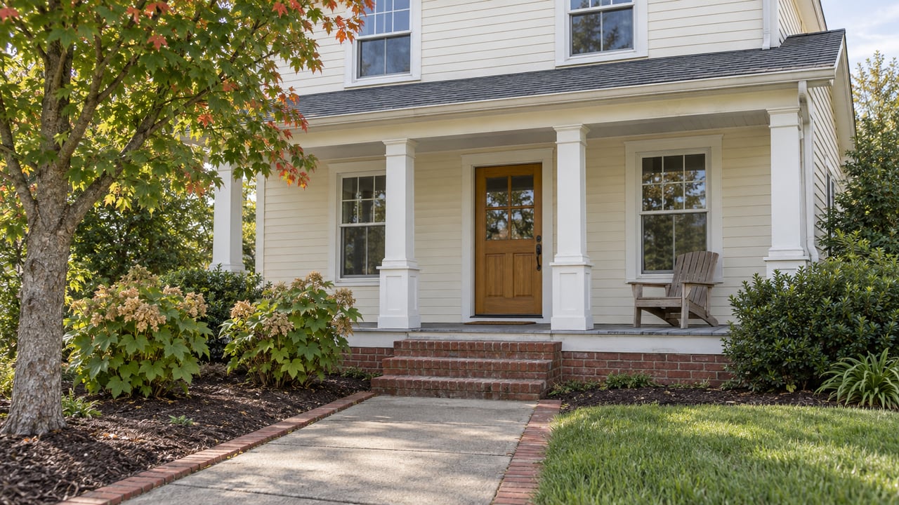 Cream clapboard home with a covered porch, brick steps, a concrete approach and early-autumn planting.