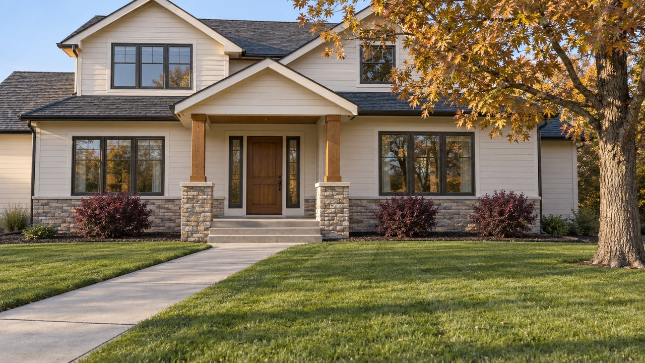 Gabled home with pale lap siding, timber porch posts, stone piers, and a deep front lawn beneath an autumn oak.