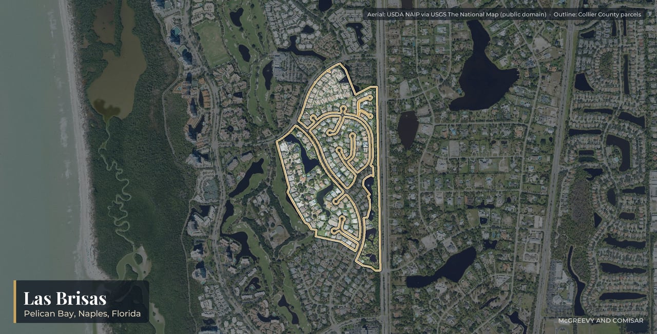Aerial view of Las Brisas at Pelican Bay, Naples, Florida, with its parcels outlined