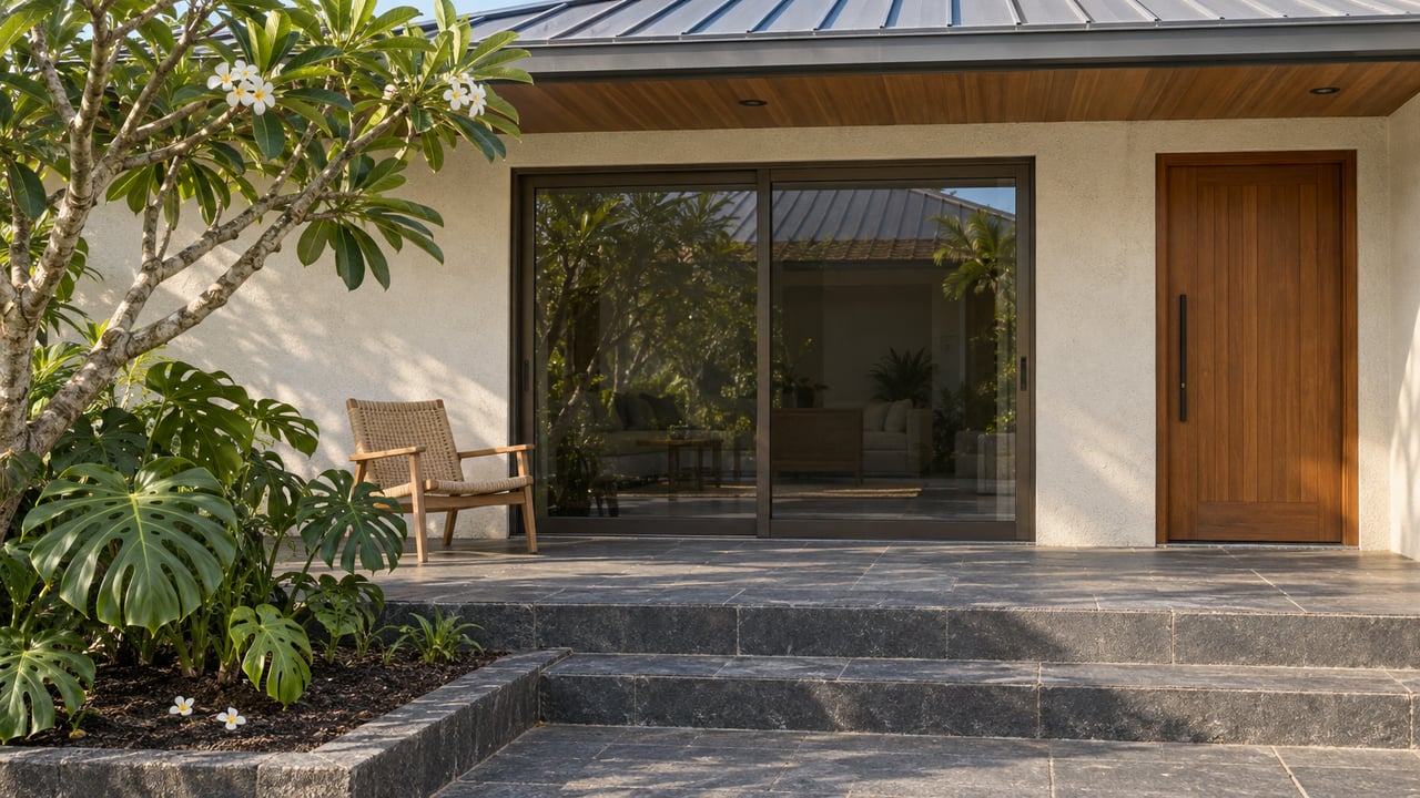 Sunlit single-story home with cream stucco, a timber-lined eave, closed glass doors and a basalt terrace beside tropical planting.