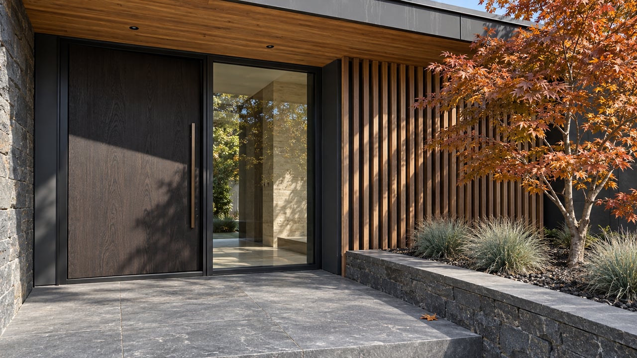 Sunlit contemporary home entry with a cedar overhang, dark oak door, full-height sidelight and an autumn maple in a raised basalt planting bed.