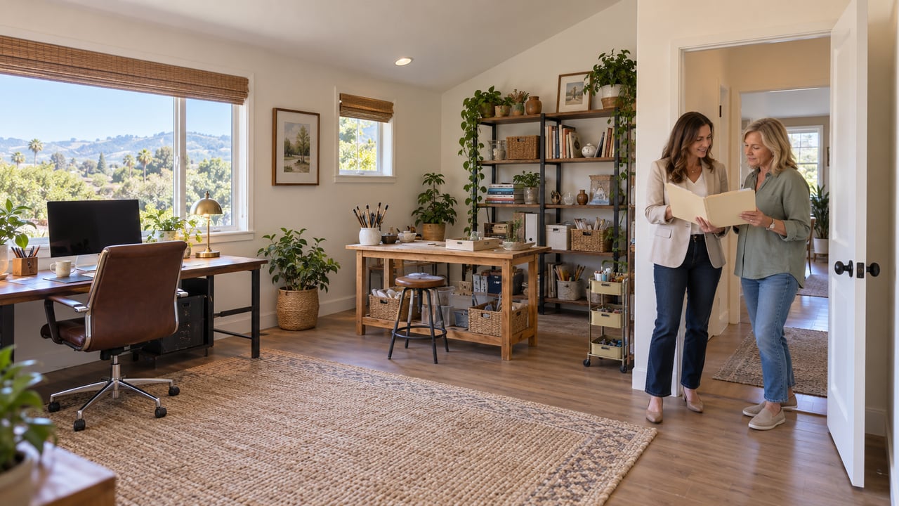 Furnished home office with two women reviewing a folder beside shelves and a window overlooking rolling hills.