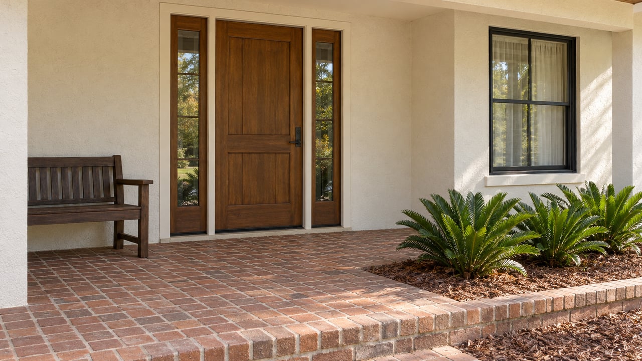 Sheltered cream stucco home entry with a wood door, matching sidelights, brick porch and three coontie plants beside a raised brick edge.