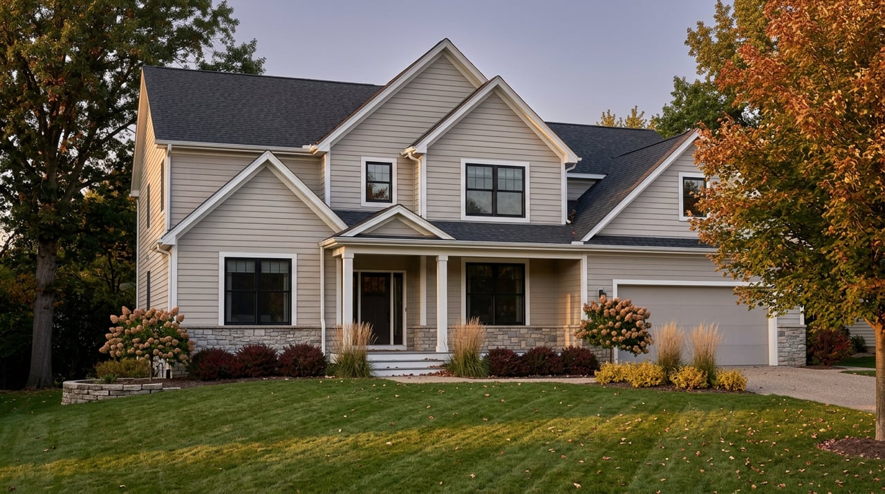 Two-story gray gable-front home with a covered porch, stone foundation, broad lawn, and amber-red autumn trees.