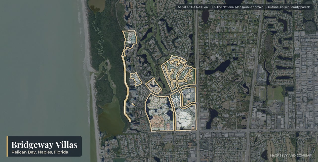 Aerial view of Bridgeway Villas at Pelican Bay, Naples, Florida, with its parcels outlined