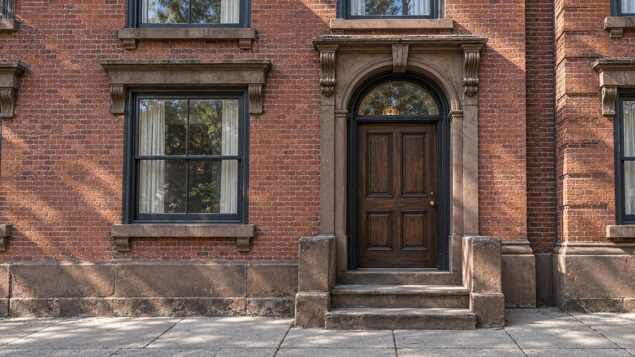 Weathered red-brick townhouse entrance with a dark wood door, arched transom and worn brownstone steps in afternoon sunlight.