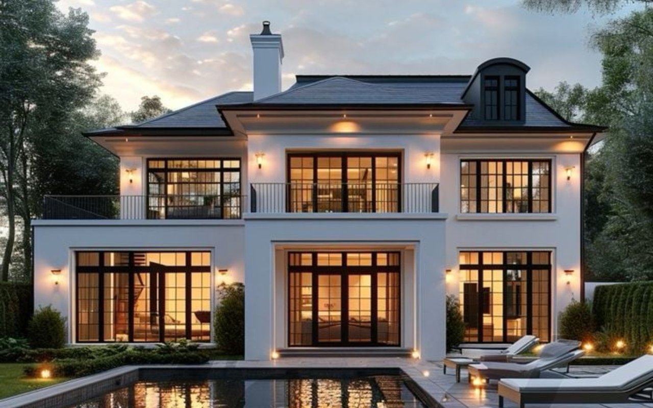 Contemporary two-story white house with black-framed windows, a reflecting pool, and patio loungers at dusk.