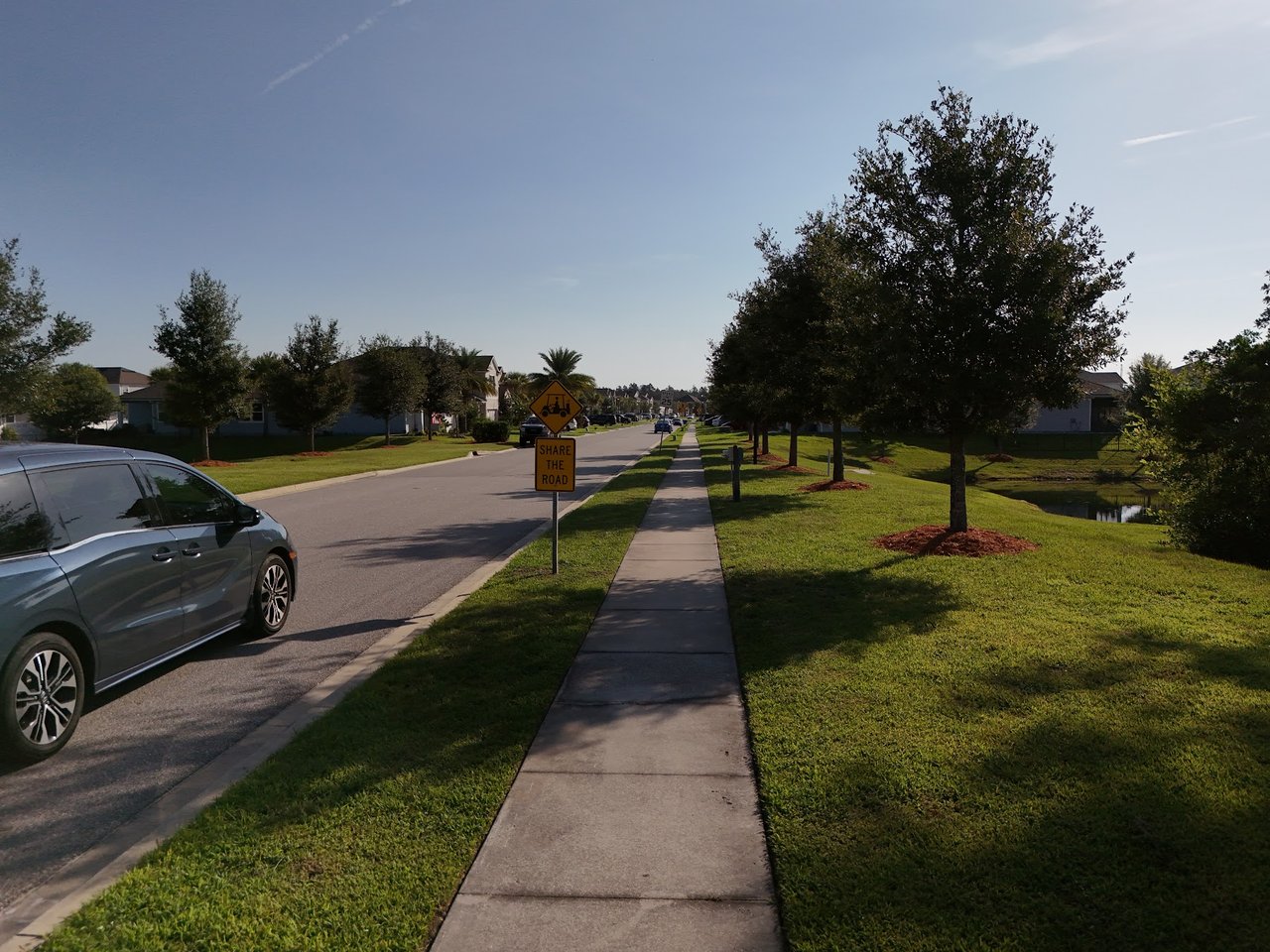 Residential street with a long sidewalk, tree-lined lawns, homes, and a pond.