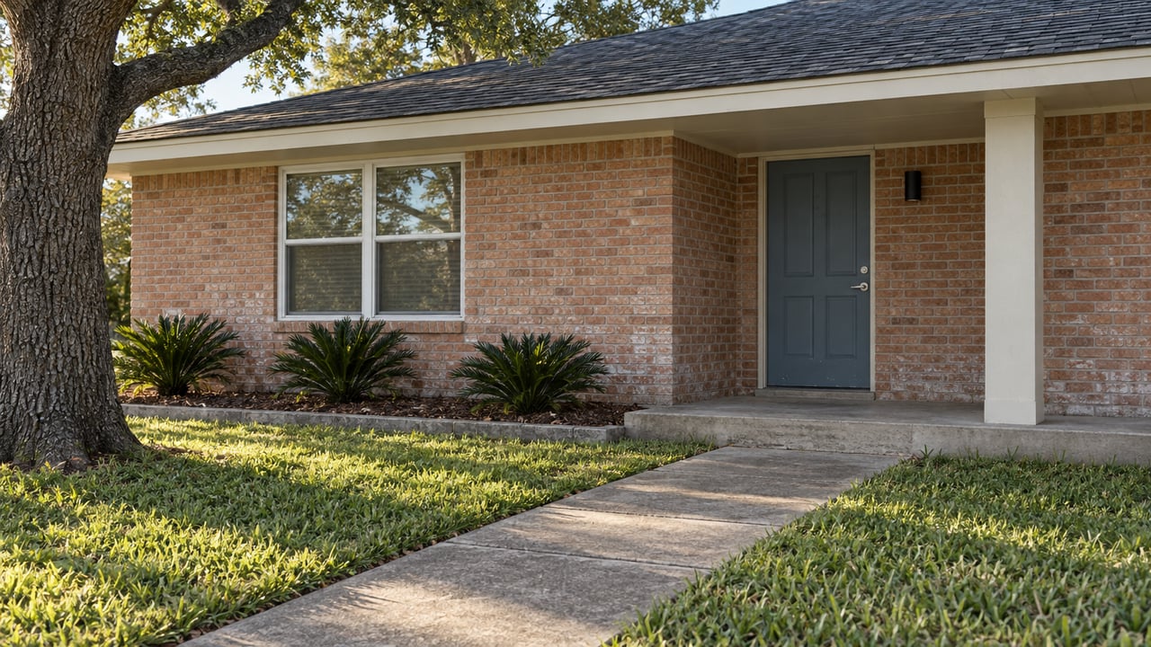 Sunlight across a weathered brick home's blue front door, concrete entry walk and established lawn beneath a spreading live oak.