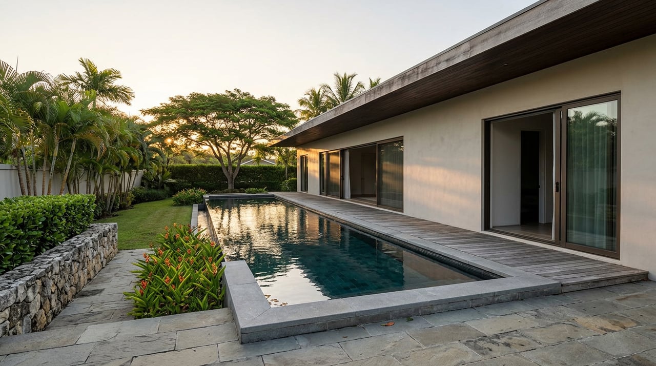 A dark-tiled lap pool fronts a pale-stucco villa, with teak decking and palm canopies.