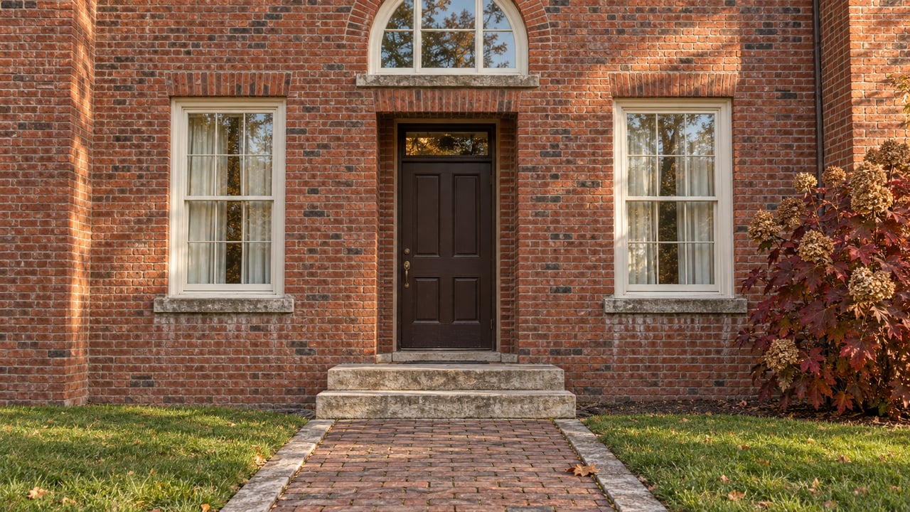 Autumn light across a red-brick home's arched window, recessed timber entry and worn stone steps, with burgundy oakleaf hydrangea beside the approach.