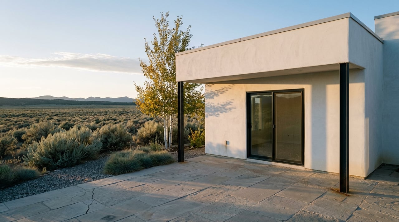 White stucco home corner with black-framed glass, a stone terrace, sagebrush flat, and distant ridgeline.