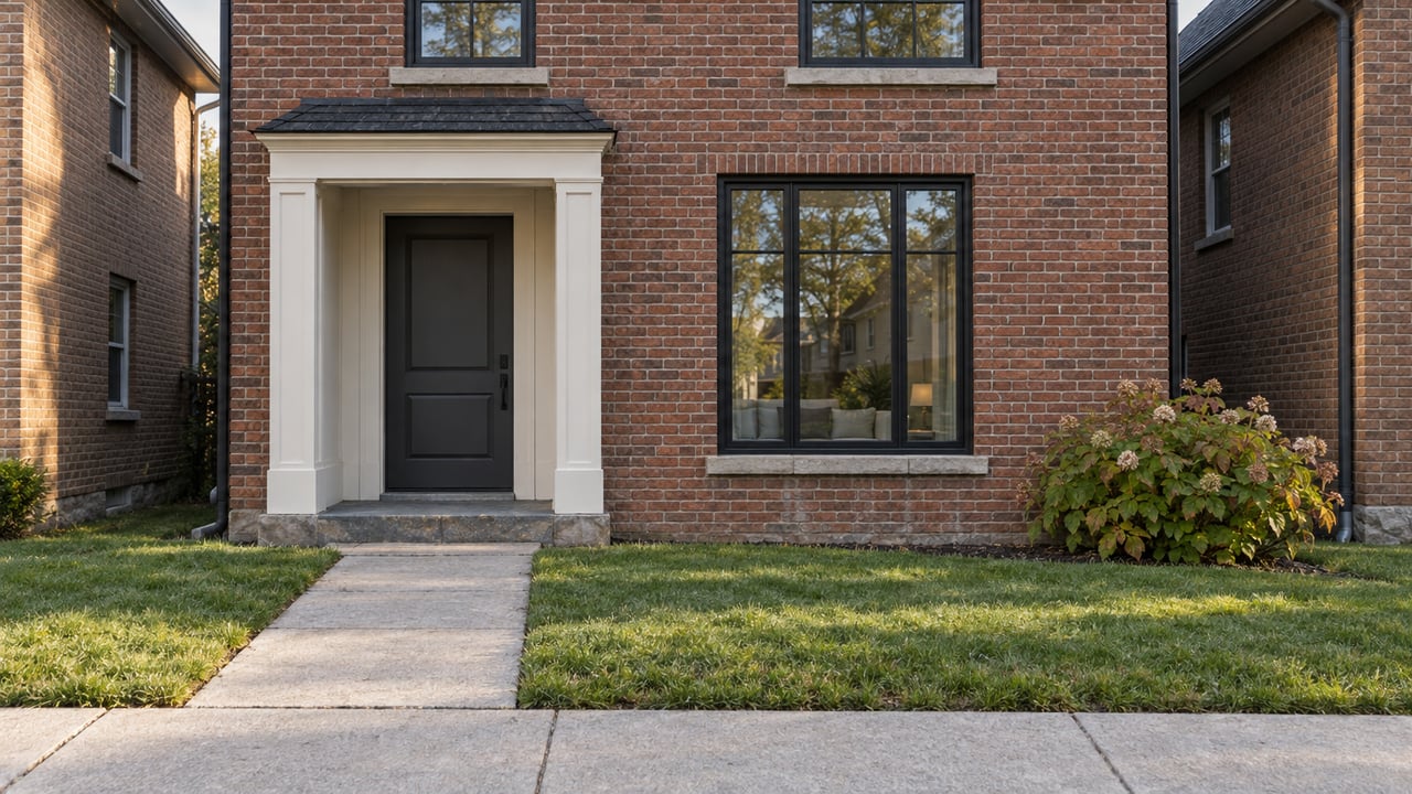 Red-brown brick house with an off-white entry, black-framed windows, and a hydrangea beside the lawn.