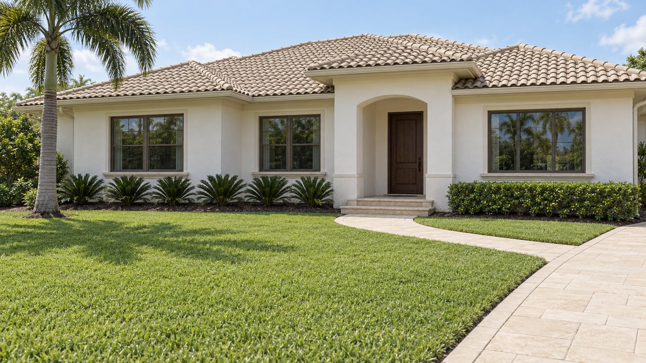 Light stucco home with a pale tiled hip roof, broad front lawn, curved paver walk and a mature royal palm in bright afternoon light.