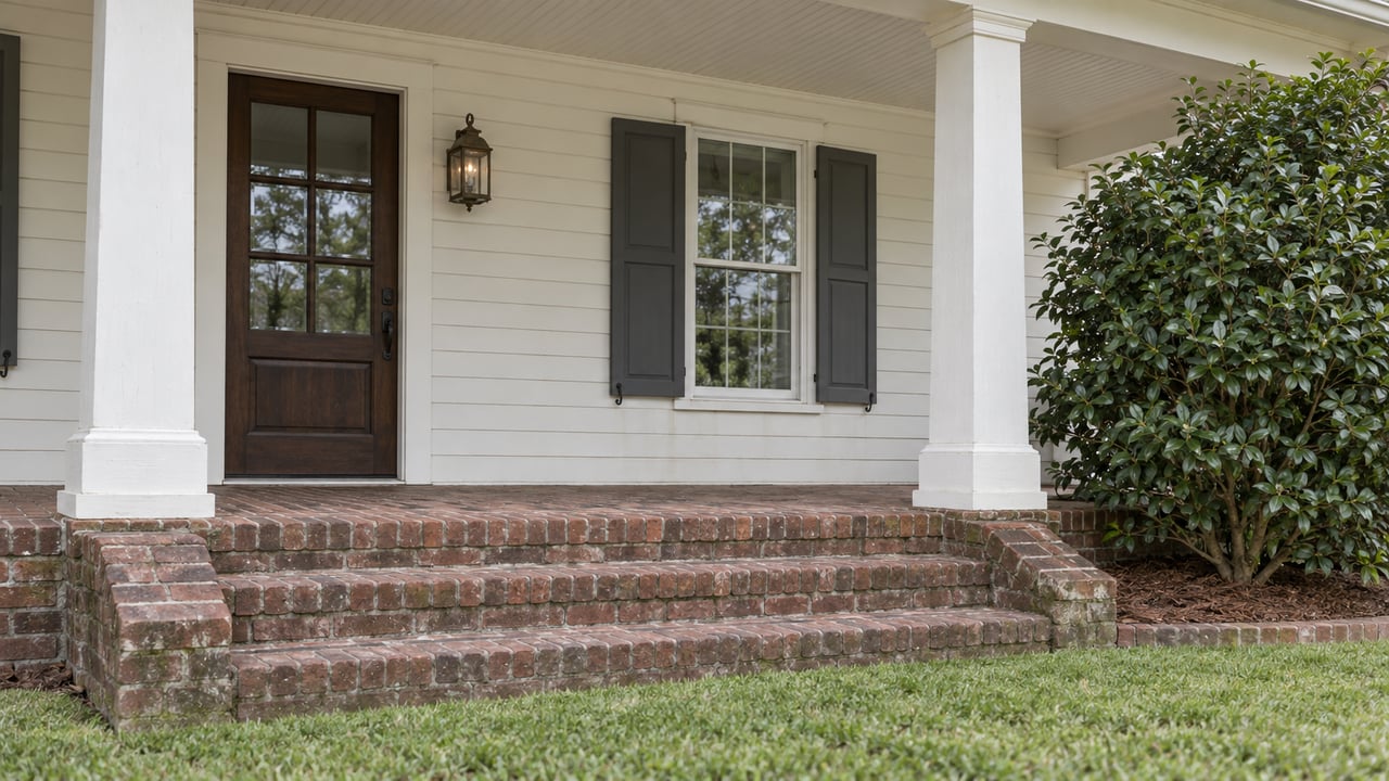 White clapboard home with a covered porch, weathered brick steps, dark shutters and a glossy camellia beside the lawn.