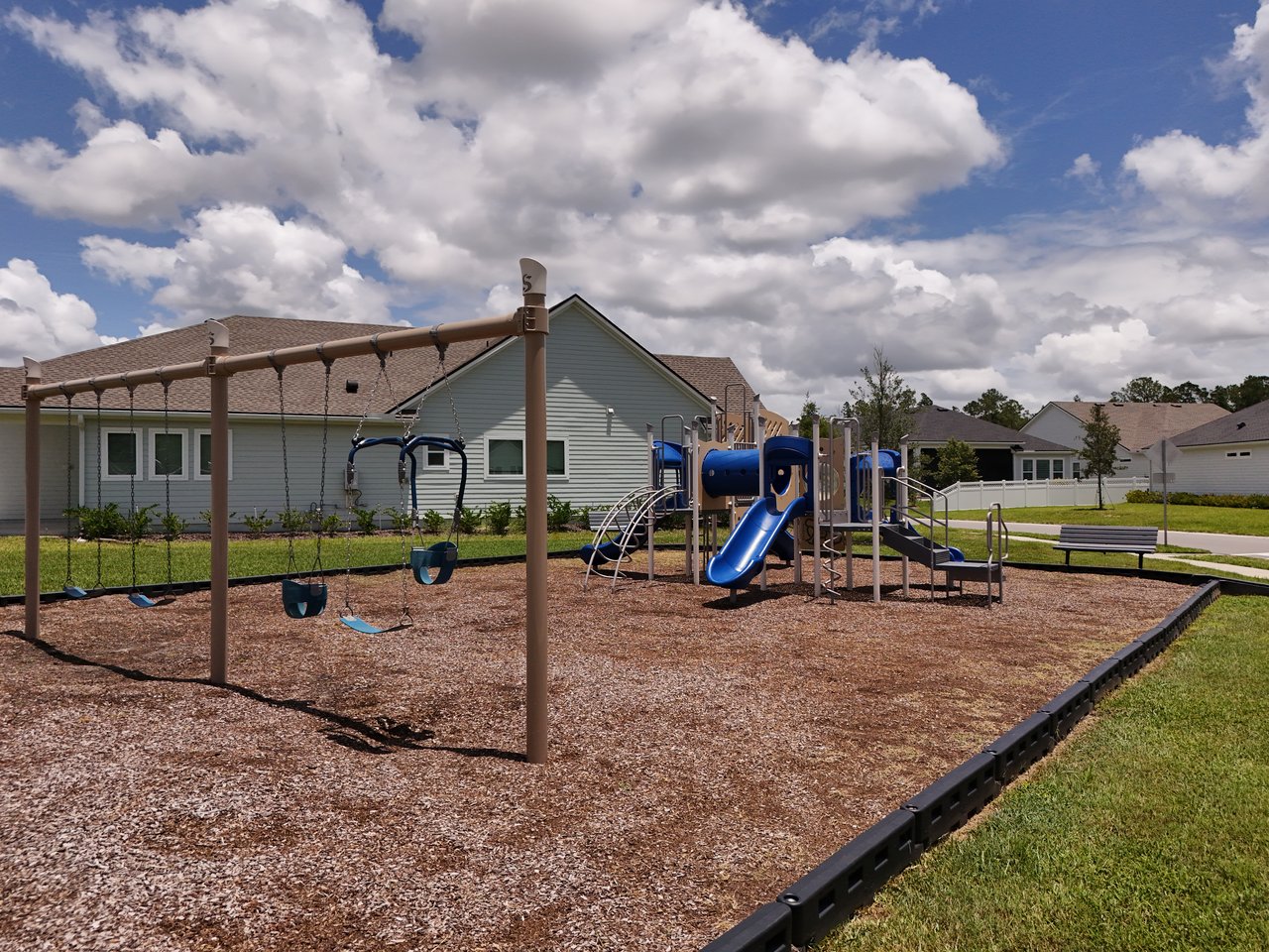 Neighborhood playground with swings and a blue slide beside nearby homes.