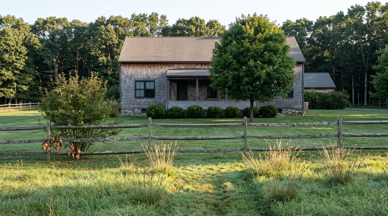 Weathered cedar-shingle farmhouse beyond a split-rail fence, with a sugar maple beside the porch and meadow grass in front.