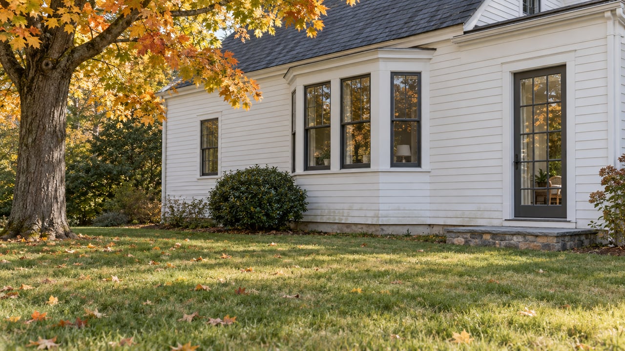 White clapboard house with a three-window bay, glazed garden door, broad lawn, and yellow-orange maple leaves.