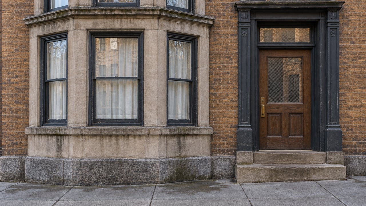 Winter daylight on a weathered brick residential facade with a limestone window bay, closed oak entrance door and worn sandstone steps.
