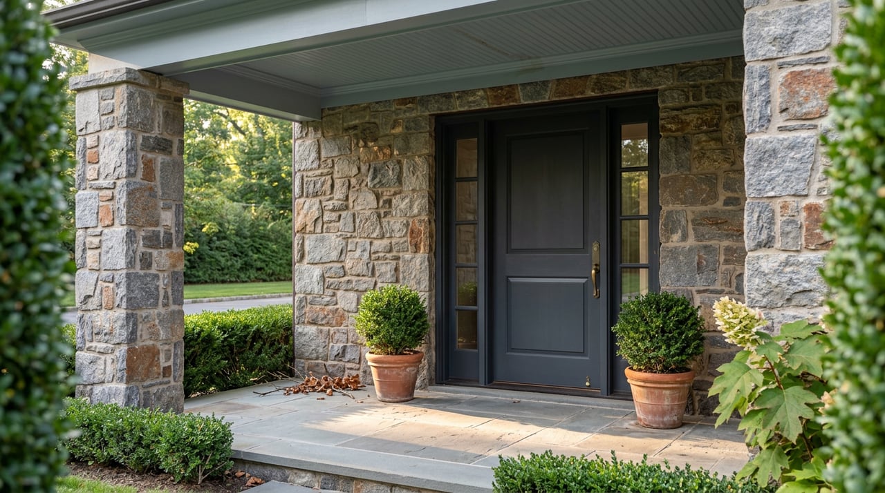 Charcoal raised-panel front door set in a stone surround, flanked by potted shrubs on a bluestone porch.
