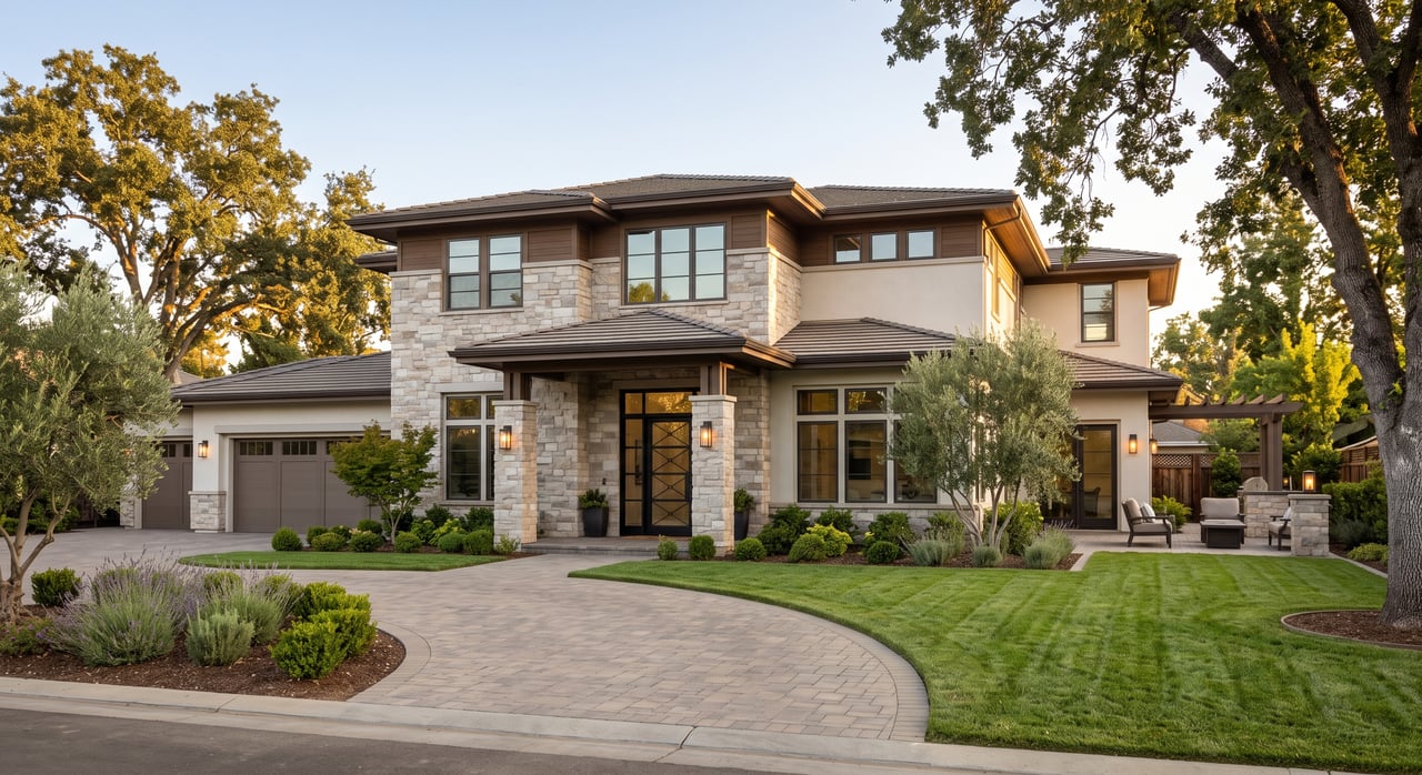 High-end custom two-story home with natural stone masonry, olive tree landscaping, and custom iron front door in the Central Valley.