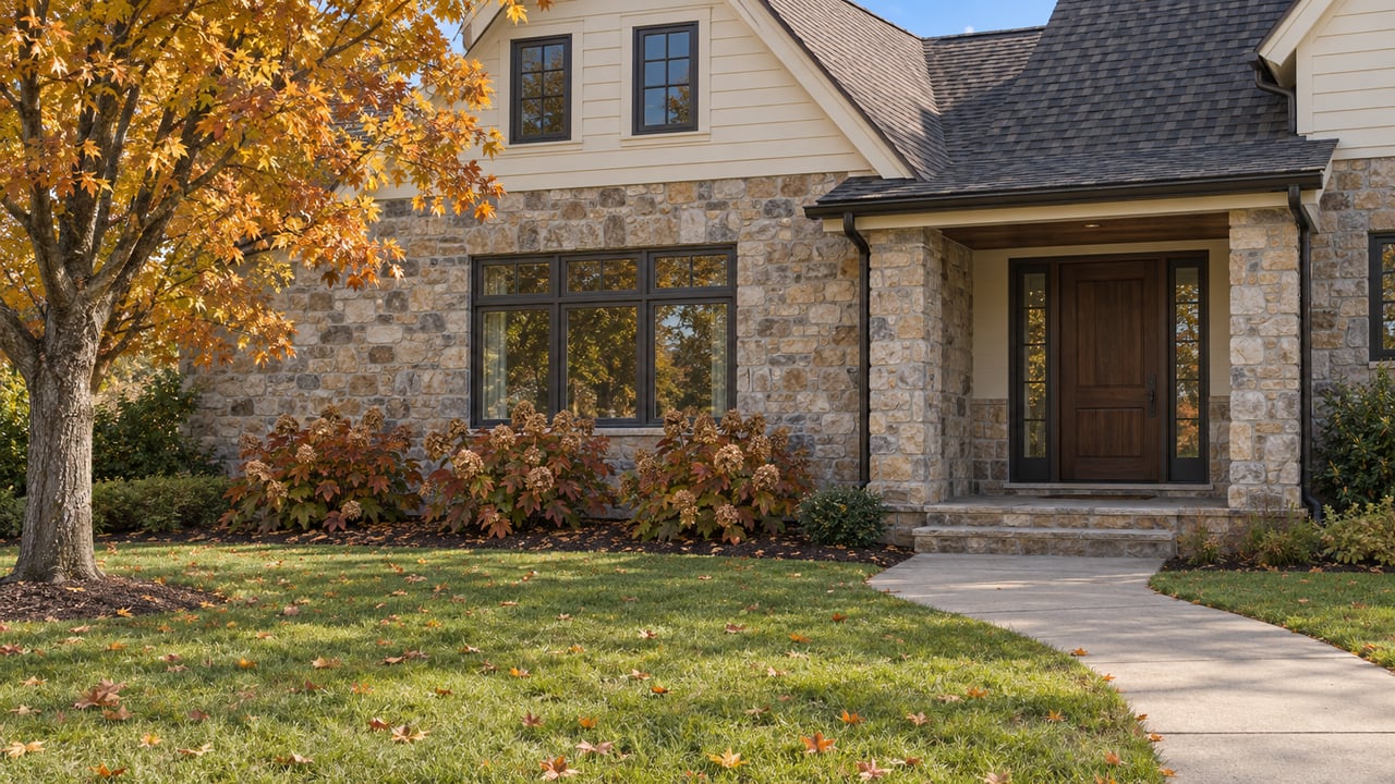 Autumn sunlight on an ivory-sided home with a stone facade, covered entrance, deep lawn and an amber maple tree.