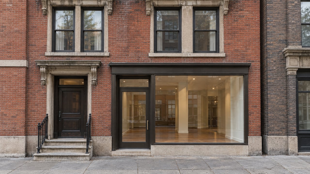 Red-brick rowhouse with sash windows above a glazed shopfront and recessed door with limestone steps.