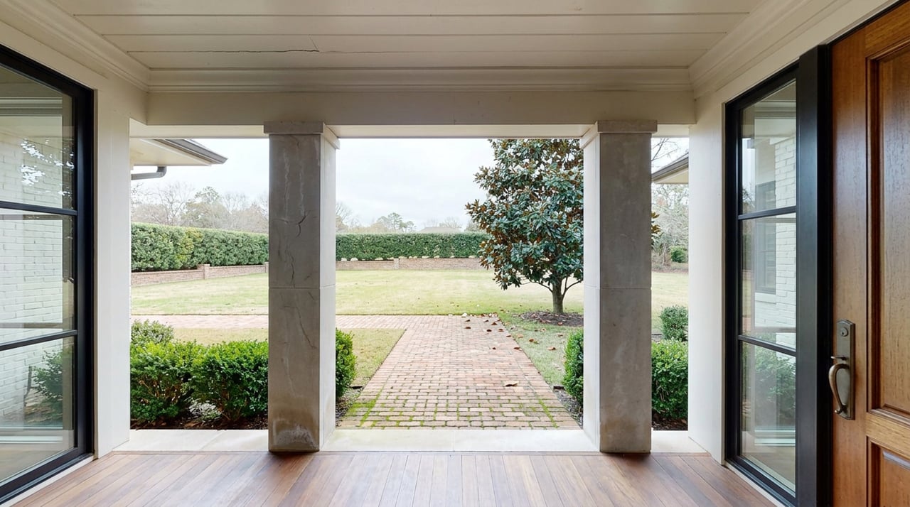 Covered porch with limestone piers overlooks a brick walkway, clipped lawn, and a large magnolia tree.