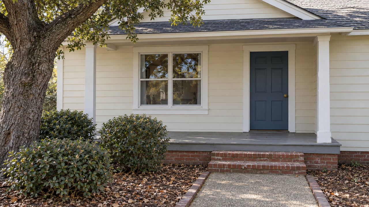 Cream wood-sided cottage with a blue front door, brick steps and a mature live oak beside the garden approach.