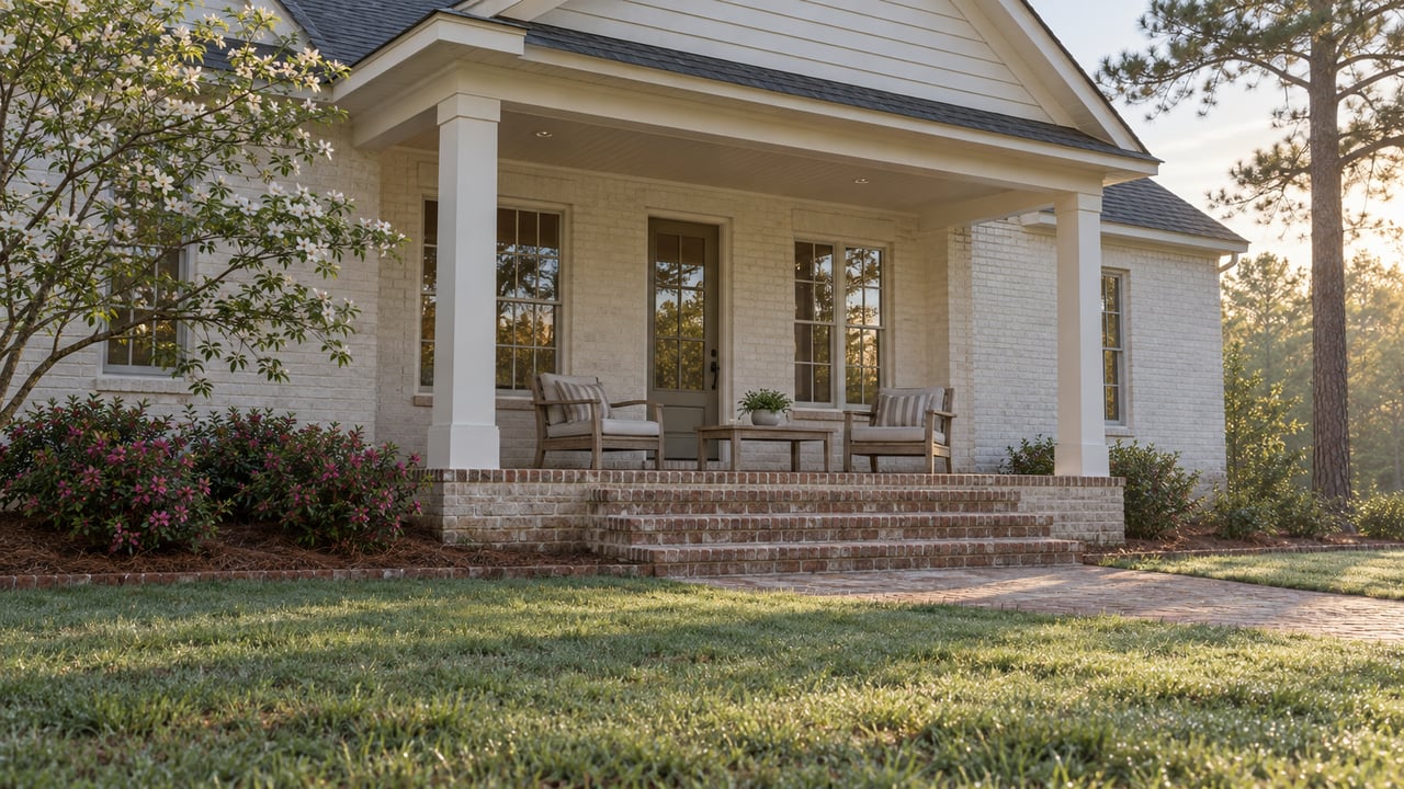 Dawn light crosses a lawn toward a painted-brick home with a covered porch, weathered teak chairs, and mature pine and dogwood trees.