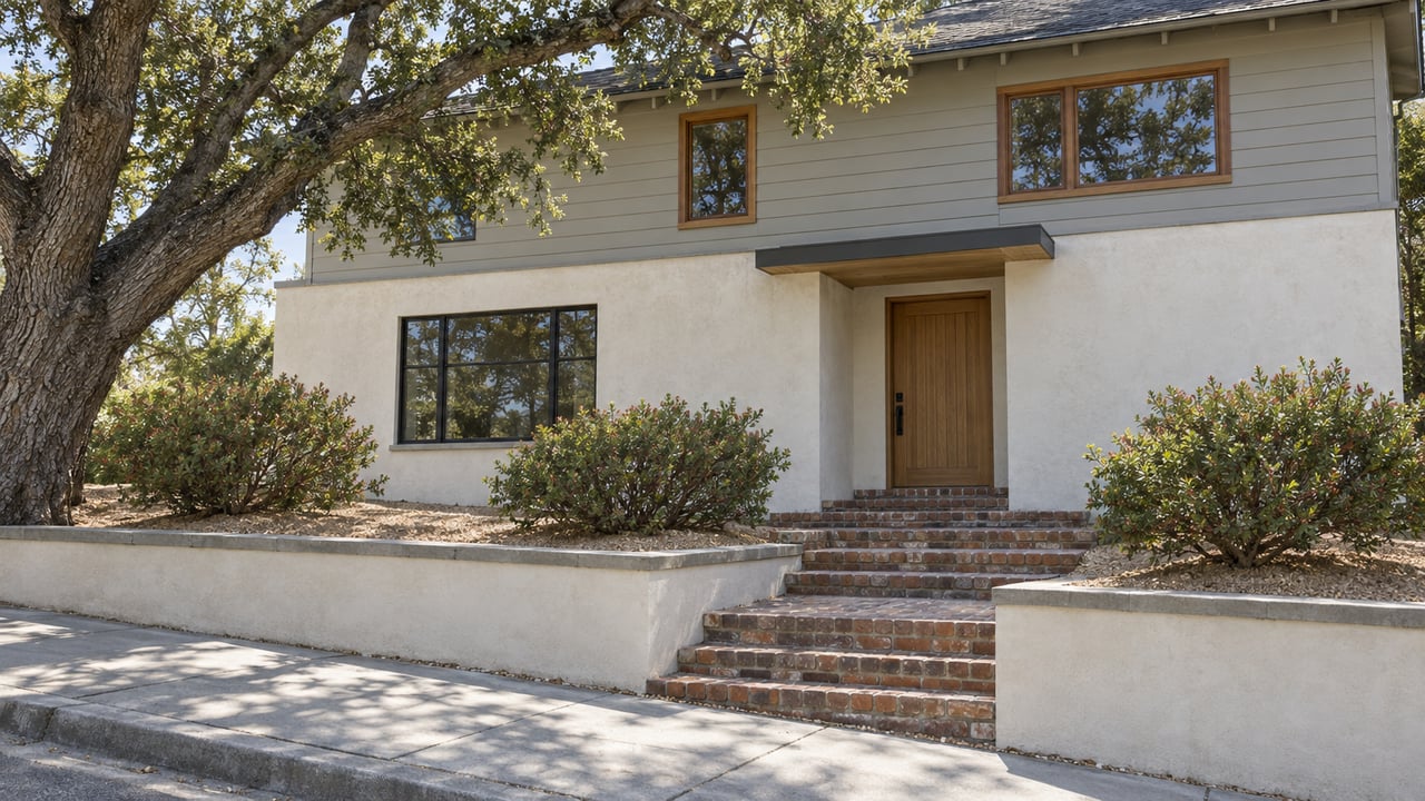 Hillside home with a stepped brick approach, low retaining wall, and oak shading the upper facade.