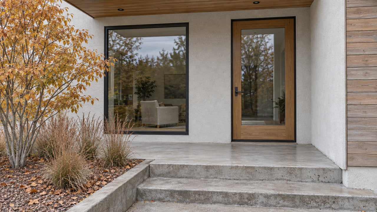 Contemporary covered home entry with wood detailing, black-framed glazing, concrete steps and autumn serviceberry planting.