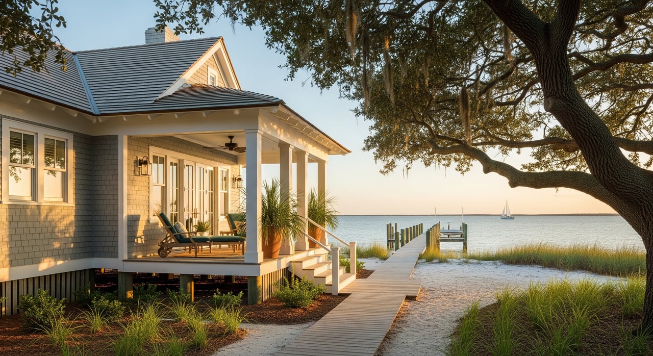 Raised coastal cottage beside a sandy boardwalk leading to a dock, with a sailboat offshore.