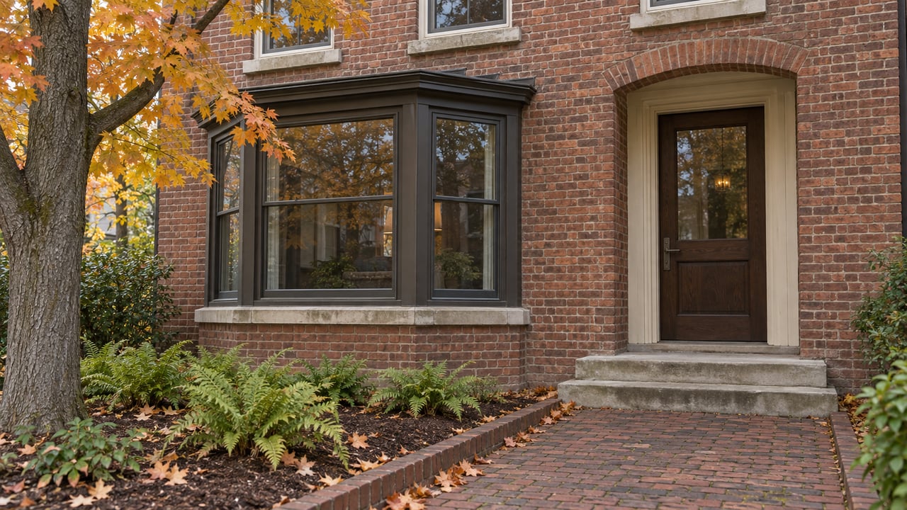 Autumn leaves border a brick walk leading to a brick home's limestone steps, recessed oak door, and bronze-framed bay window.