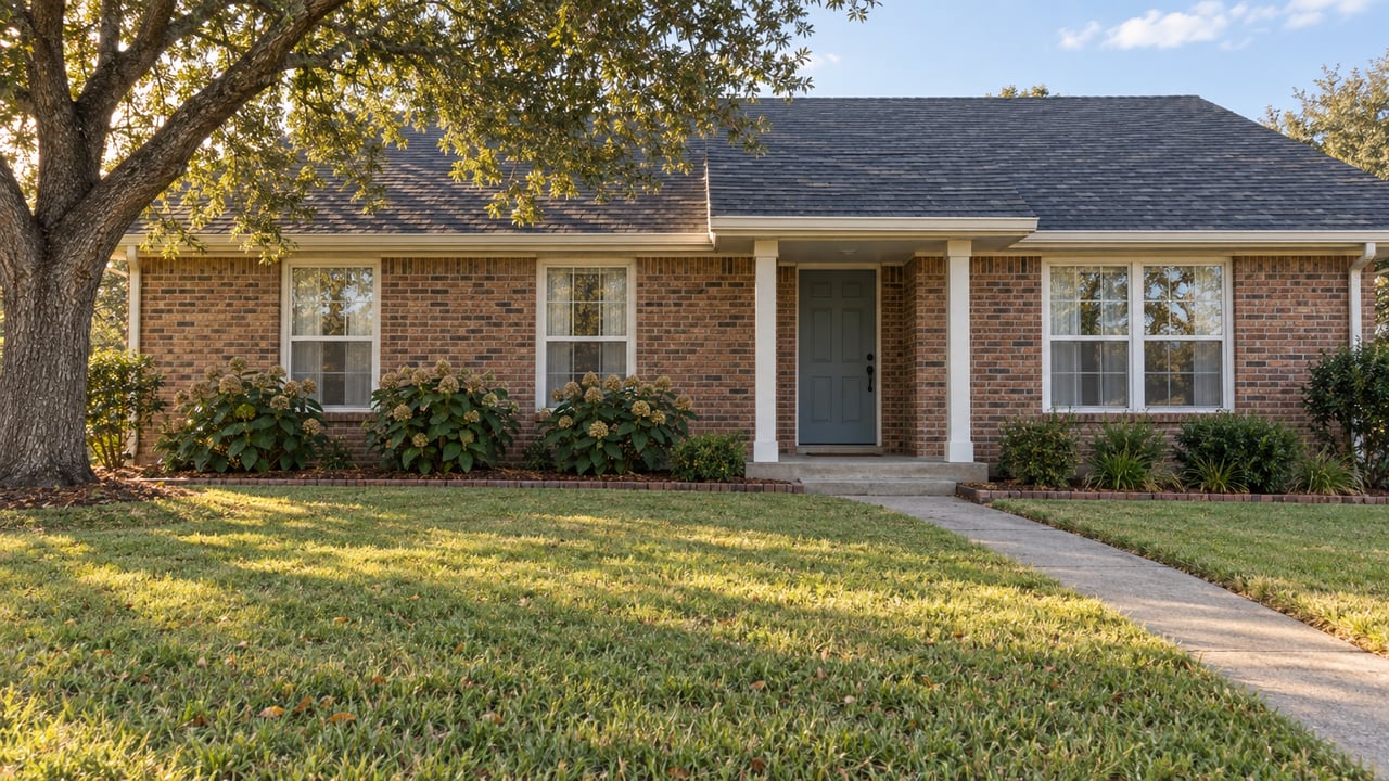 A modest brick ranch home with a blue-gray front door, broad front lawn, and a mature oak in warm afternoon light.