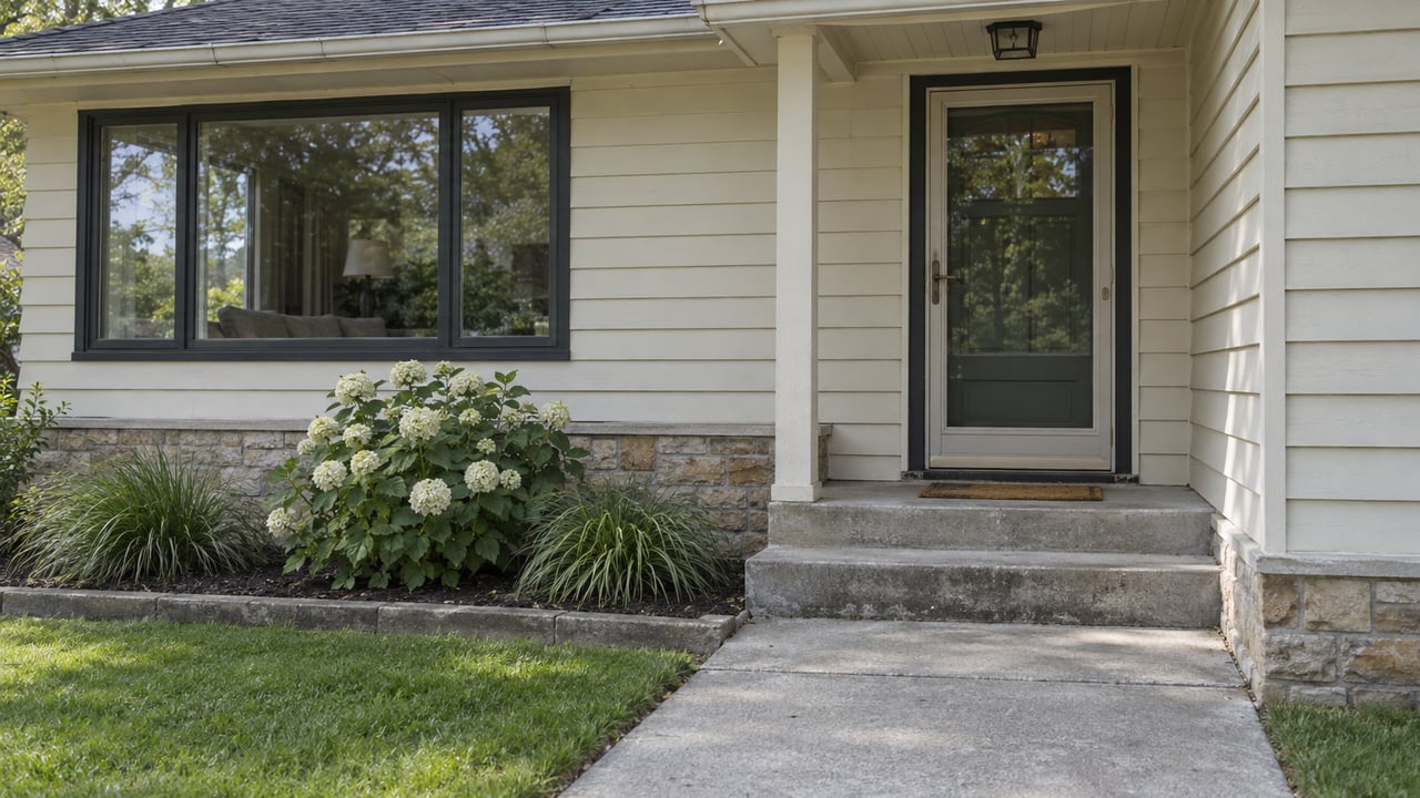 Older single-story house entrance with cream siding, a glass storm door, concrete steps, and a hydrangea.