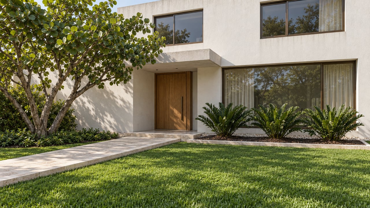 White stucco home with bronze-framed windows, a recessed oak entry, limestone approach, and sculptural tropical planting beside a deep lawn.