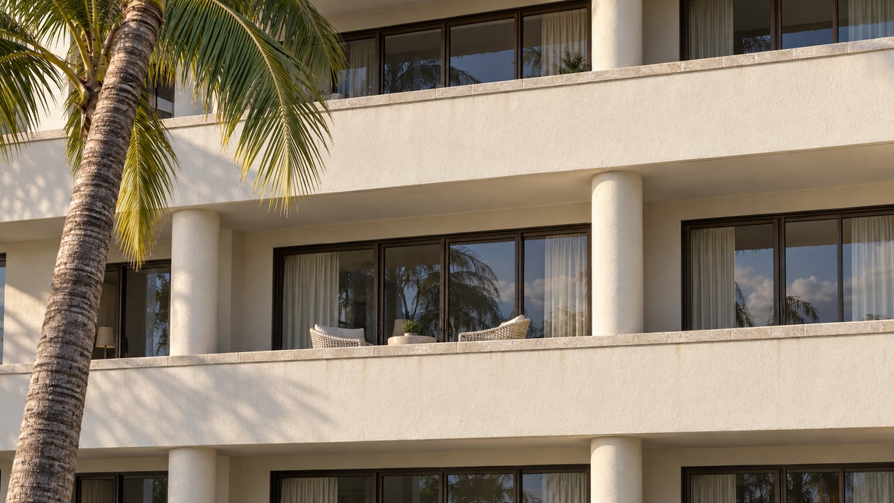 White stucco residence with broad balconies, dark-framed windows, and a palm tree in the foreground.