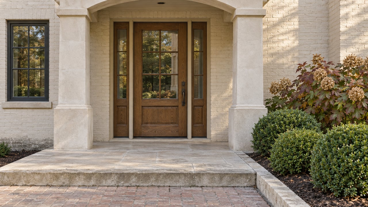 Ivory painted-brick home entry with a pale limestone portico, oak door, and a neatly edged bed of inkberry and oakleaf hydrangea.