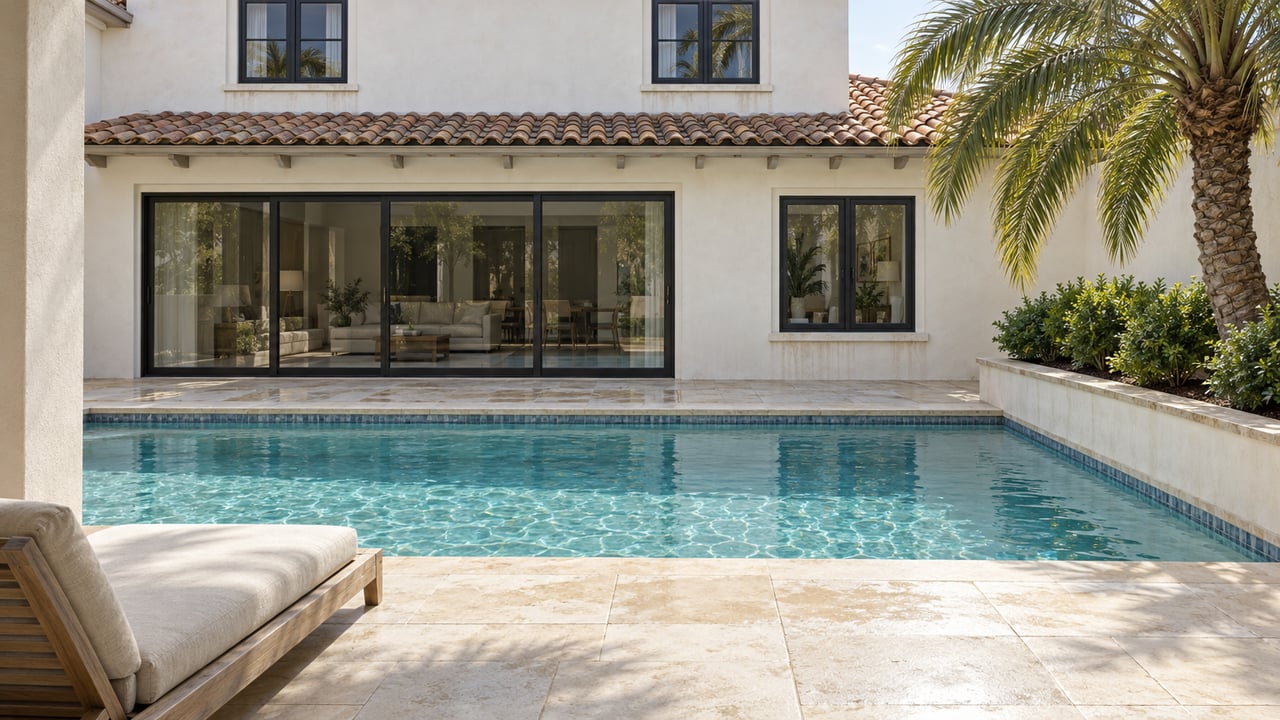 Sunlit private pool and limestone terrace beside a white stucco villa with black-framed windows and a sculptural palm.