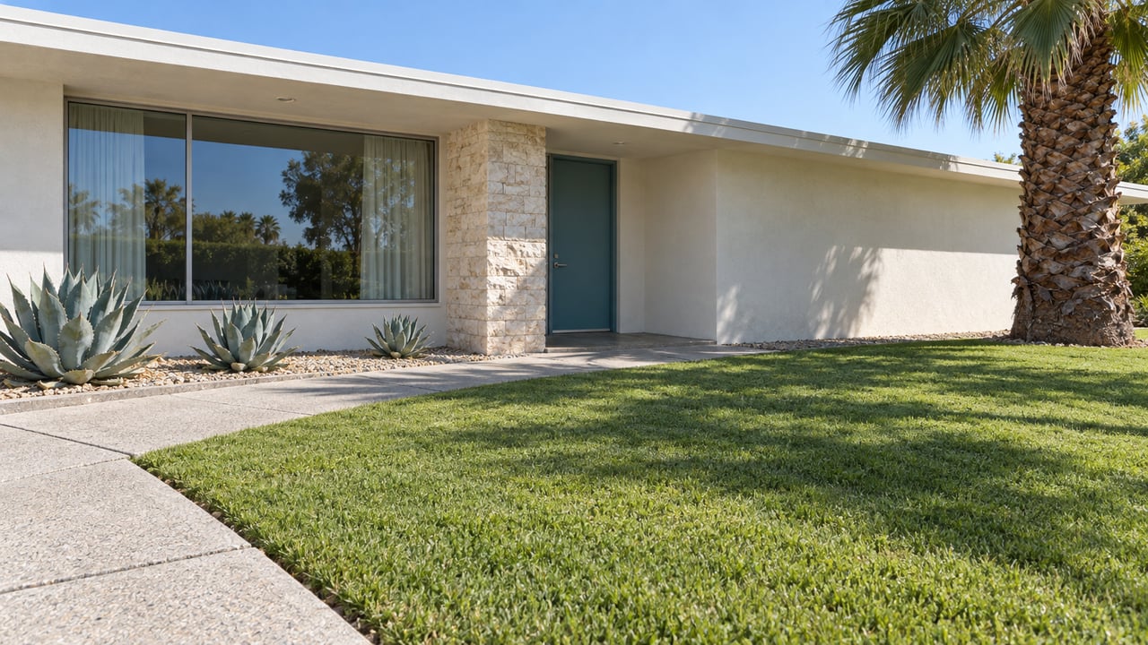 Low white stucco home with broad shaded windows, a turquoise entry door, pale stone pier and deep lawn framed by one mature palm.