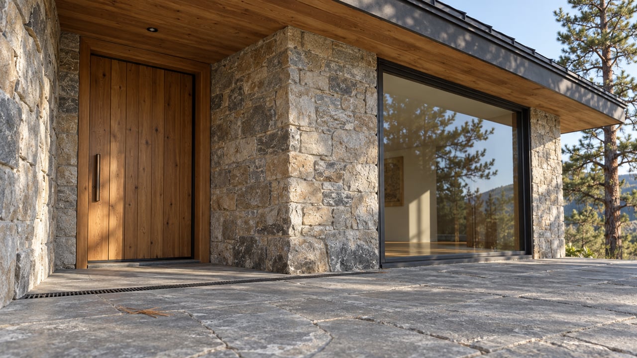 Autumn sunlight on a sheltered home entrance with fir timber, natural stone, a quartzite terrace and a large enclosed window.