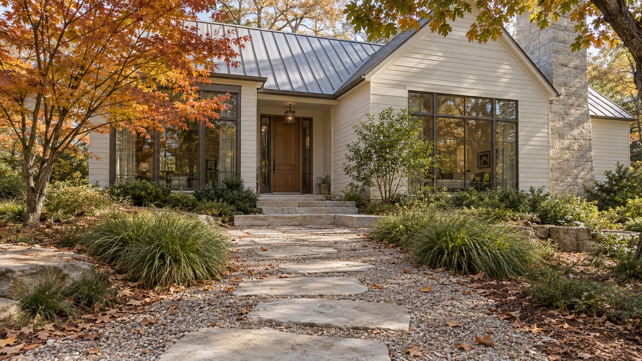 Wooded home with limestone approach, warm white siding, gray roof, and russet and amber autumn leaves.
