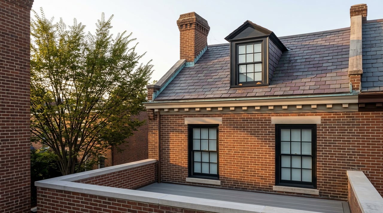 Brick rowhouse roof with slate shingles, chimney, dormer, rooftop terrace, and leafy tree.