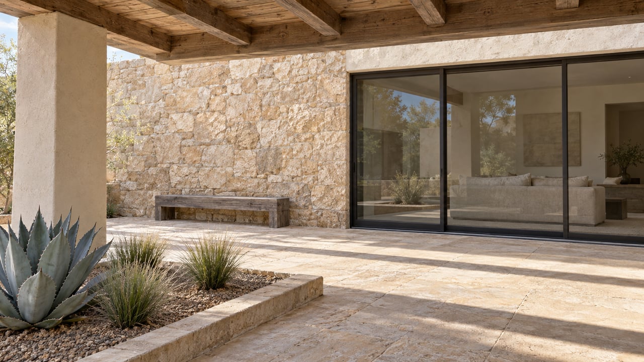 Modern home patio with stone walls, wood beams, sliding glass doors, and desert landscaping.